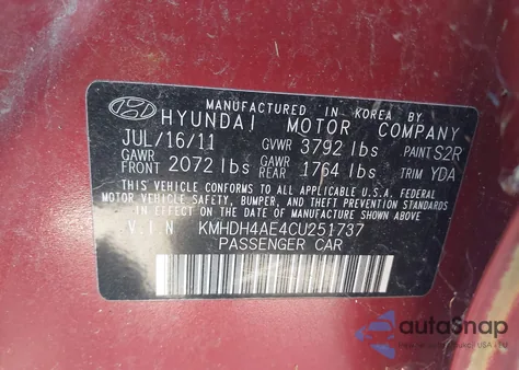 2012 Hyundai Elantra Gls (Ulsan Plant) z USA, uszkodzony, nr VIN KMHDH4AE4CU251737
